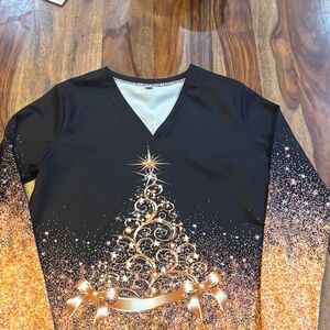 Christmas Black and Gold V-Neck Long Sleeve Top
